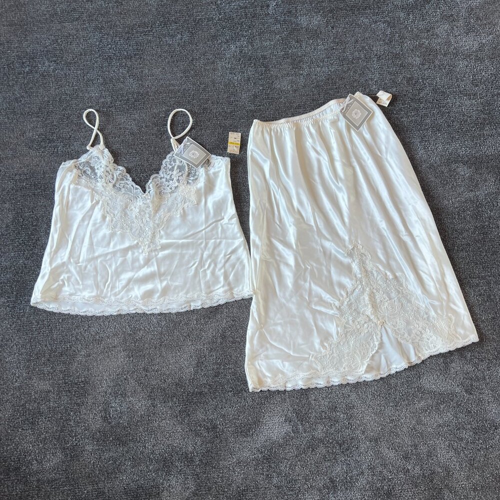 VTG New Oscar De La Renta Satin Lace Ivory Cami & Skirt Lingerie Set UNION MADE